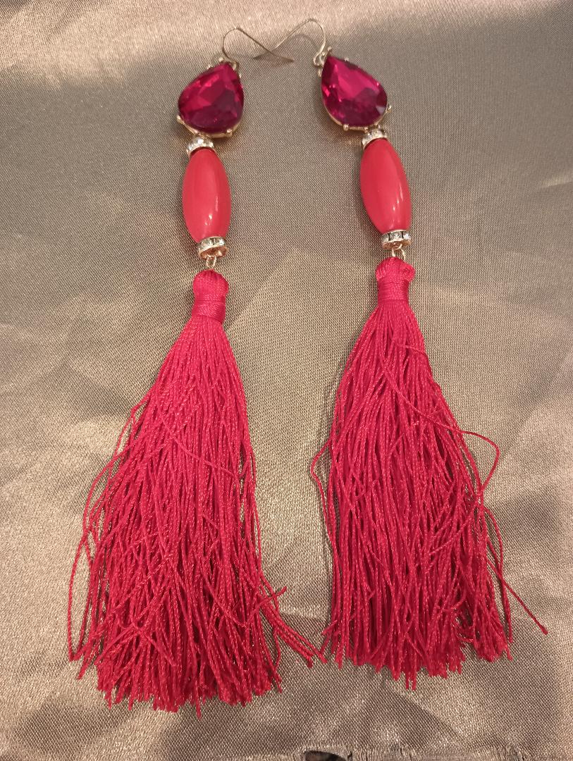 Large Krystal Cut Ruby & Tassel Earrings