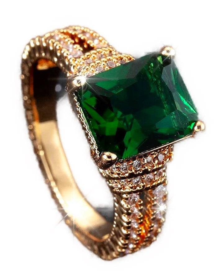10K Gold electroplated Classic Zircon Emerald Cut with White Diamond Side Chips.