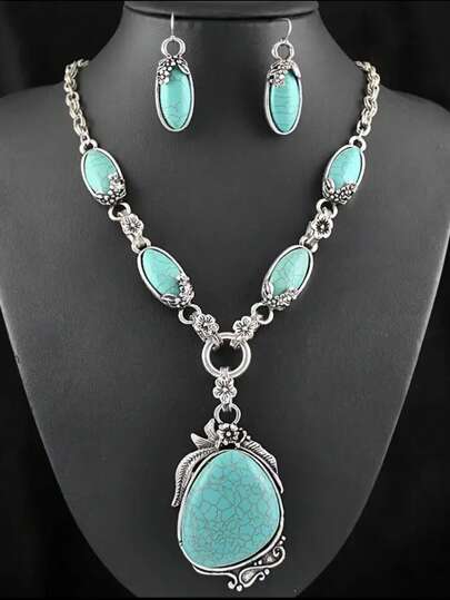 Turquoise & Silver Style Necklace and Earring Set