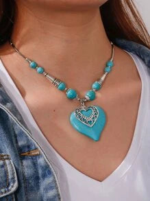 Simulated Turquoise Designed Heart with Antique Silver Plated Heart Overlay Necklace.