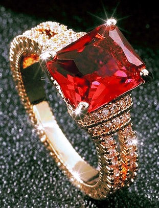 10K Gold Electroplated, Classic Cut Zircon Ruby with Diamond Cut Side Chips.