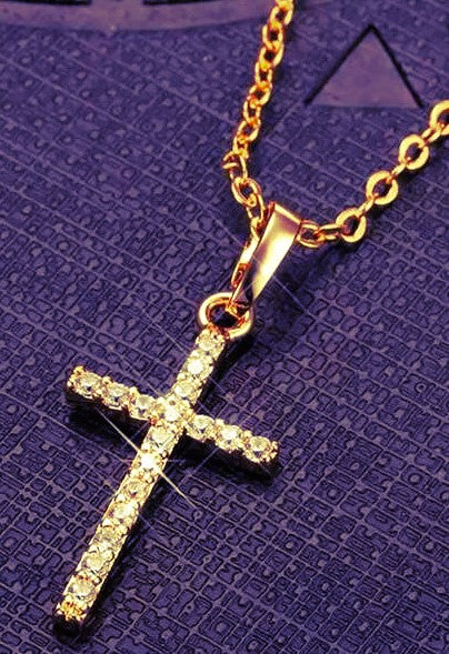 Yellow Gold Chain & Cross Set with Multi-Krystals