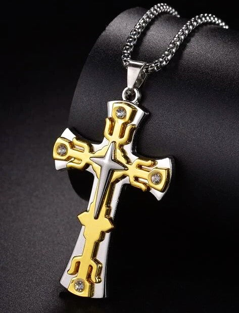 Men's 3 Layer Gold & Silver Cross and Silver Chain